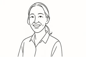 Minimalist black-and-white line drawing portrait of Yuki Tejima, Japanese literary translator, with hair tied back and a warm smile.
