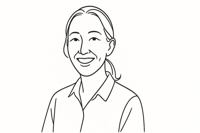 Minimalist black-and-white line drawing portrait of Yuki Tejima, Japanese literary translator, with hair tied back and a warm smile.