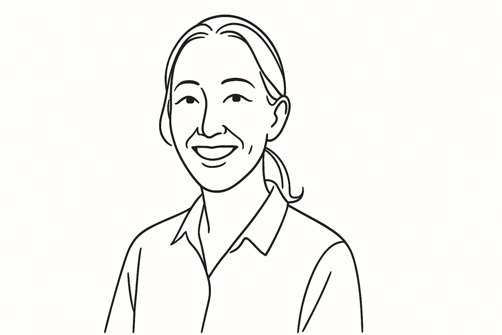 Minimalist black-and-white line drawing portrait of Yuki Tejima, Japanese literary translator, with hair tied back and a warm smile.