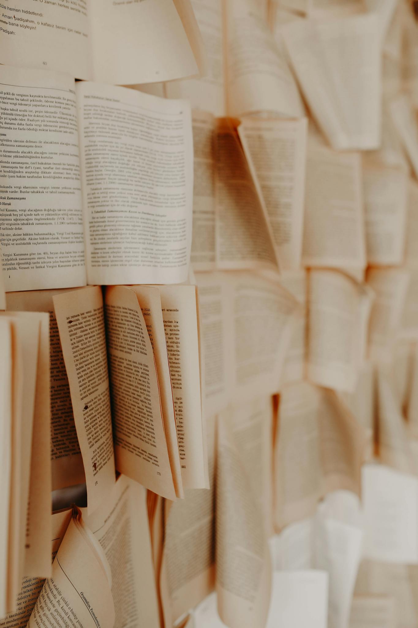 A collection of open books with pages creating an artistic wall display.
