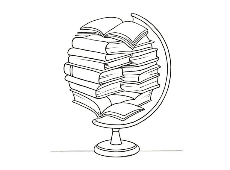 AI-generated black-and-white line drawing of a globe made of stacked books, minimalist Japanese ink style, created for In Other Worlds.