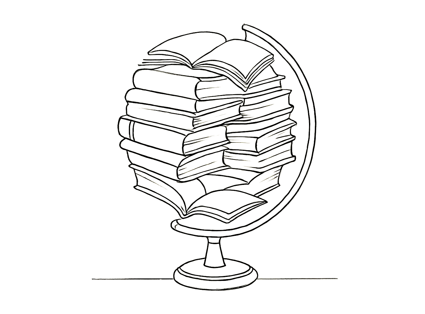 AI-generated black-and-white line drawing of a globe made of stacked books, minimalist Japanese ink style, created for In Other Worlds.