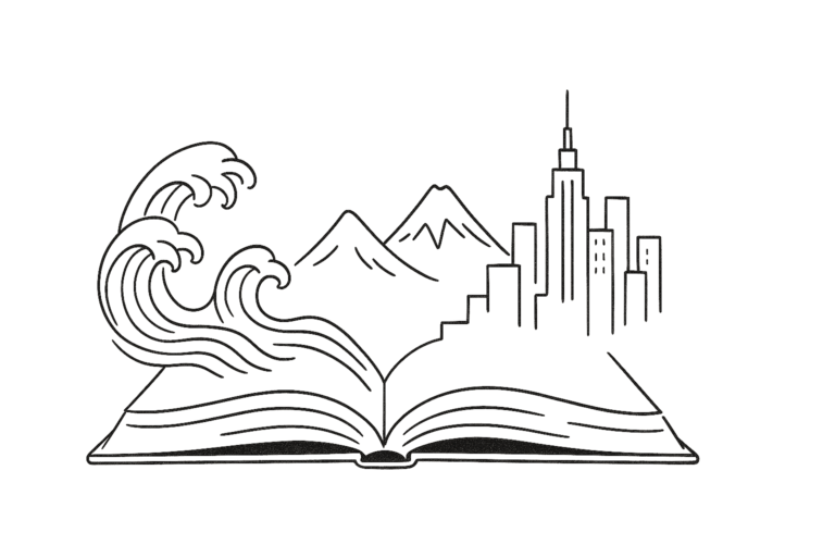 Minimalist black-and-white line drawing of a globe made from stacked and open books, symbolising world literature in translation.