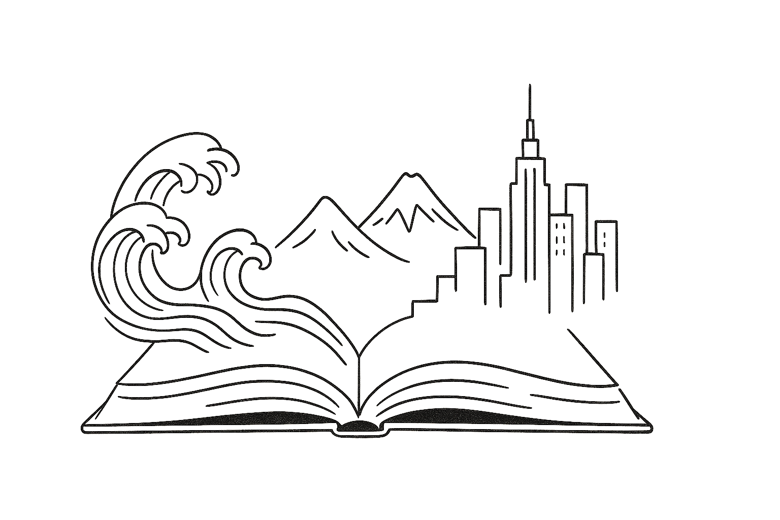 Minimalist black-and-white line drawing of a globe made from stacked and open books, symbolising world literature in translation.