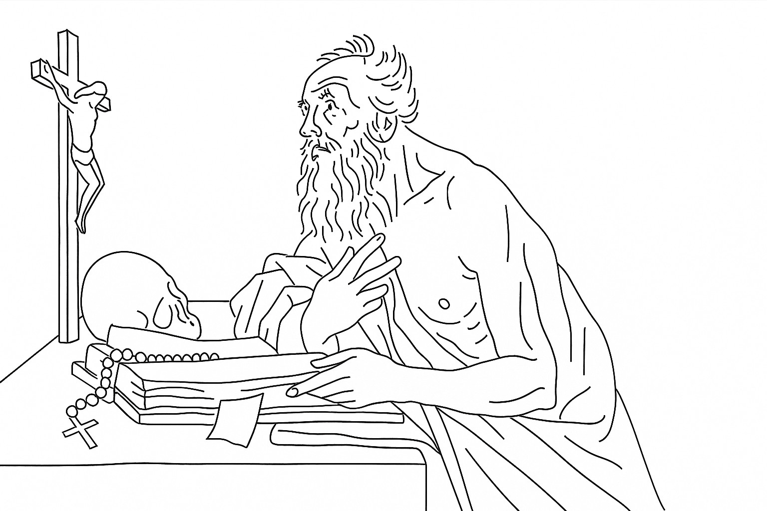 Minimalist Japanese ink-style illustration of St Jerome at his desk with books and a skull, inspired by Matthias Stom’s painting, Musée des Beaux-Arts de Nantes.
