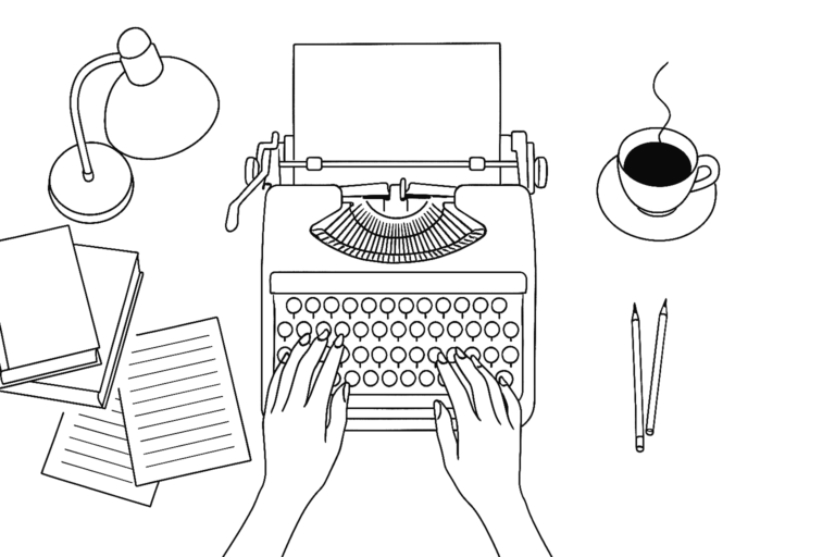 Minimalist black-and-white line drawing of a translator’s desk with a typewriter, books, papers, pencils, lamp and a cup of coffee.