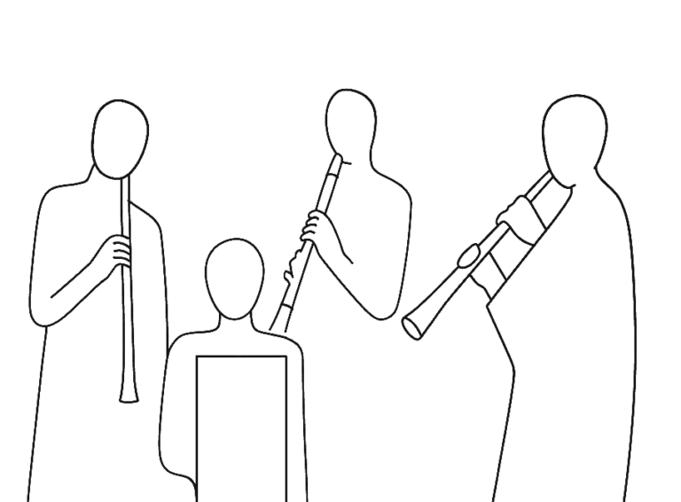 Minimalist AI-generated line drawing of four faceless abstract figures holding woodwind instruments, inspired by the Persian cover of Reza Ghassemi’s novel.