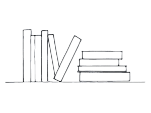Minimalist black-and-white line drawing of a bookshelf with neatly arranged books. The books have no titles, creating an abstract and universal design.