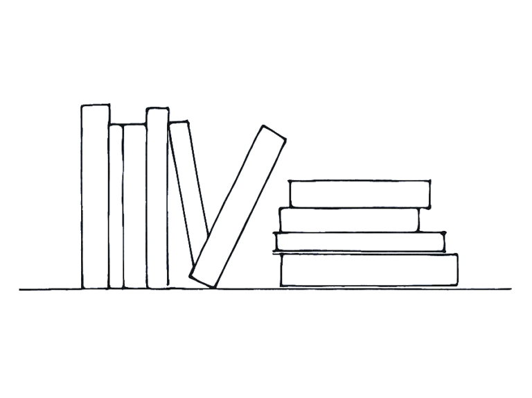 Minimalist black-and-white line drawing of a bookshelf with neatly arranged books. The books have no titles, creating an abstract and universal design.