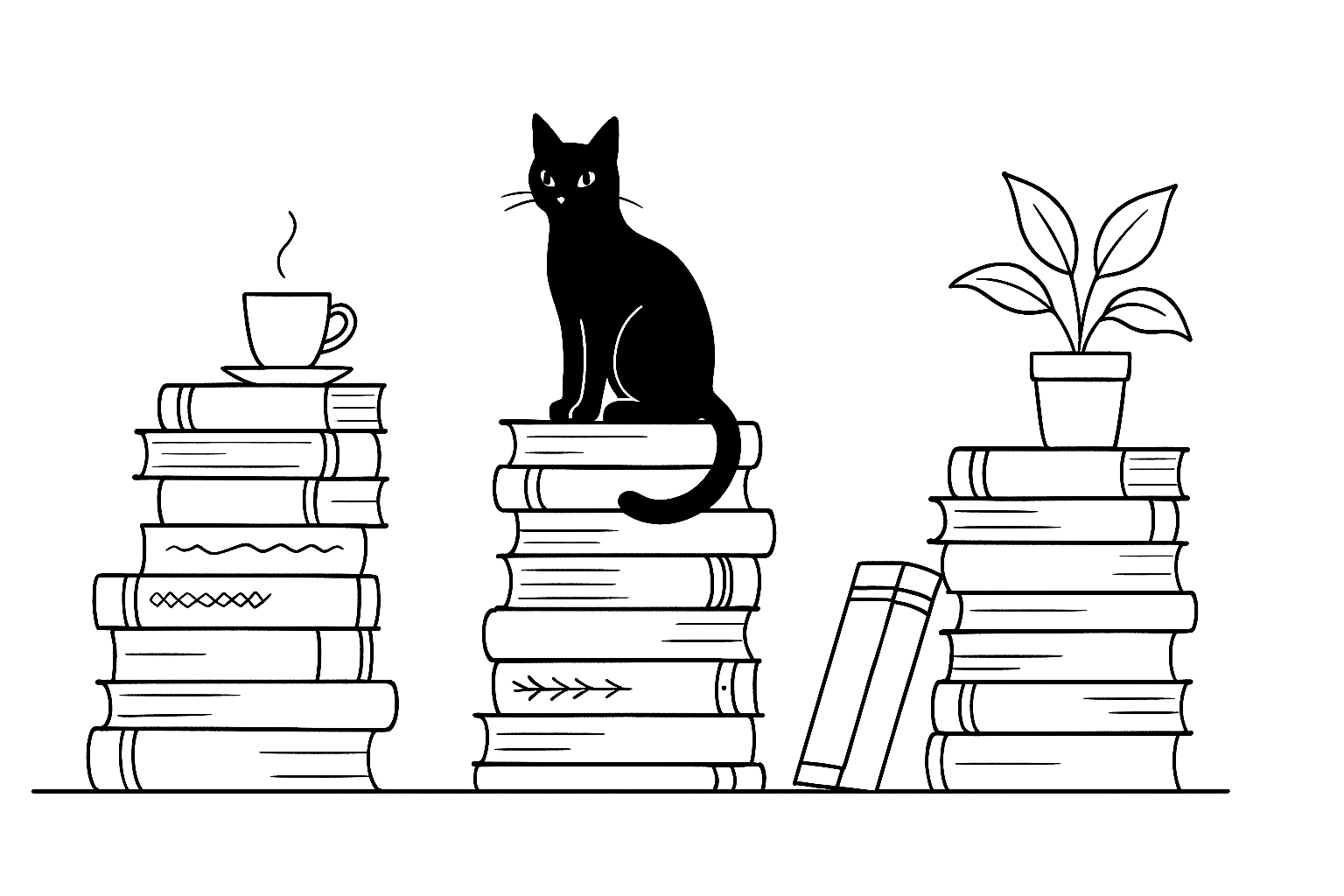 Minimal black-and-white line illustration of a cat, cup, and plant on stacks of books, representing the 2025 National Book Award longlist, in the In Other Worlds signature style.