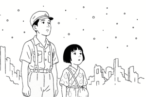 Minimalist black-and-white line drawing of a teenage boy and a young girl in wartime clothes, standing together under fireflies with ruined buildings in the background.