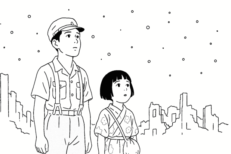 Minimalist black-and-white line drawing of a teenage boy and a young girl in wartime clothes, standing together under fireflies with ruined buildings in the background.