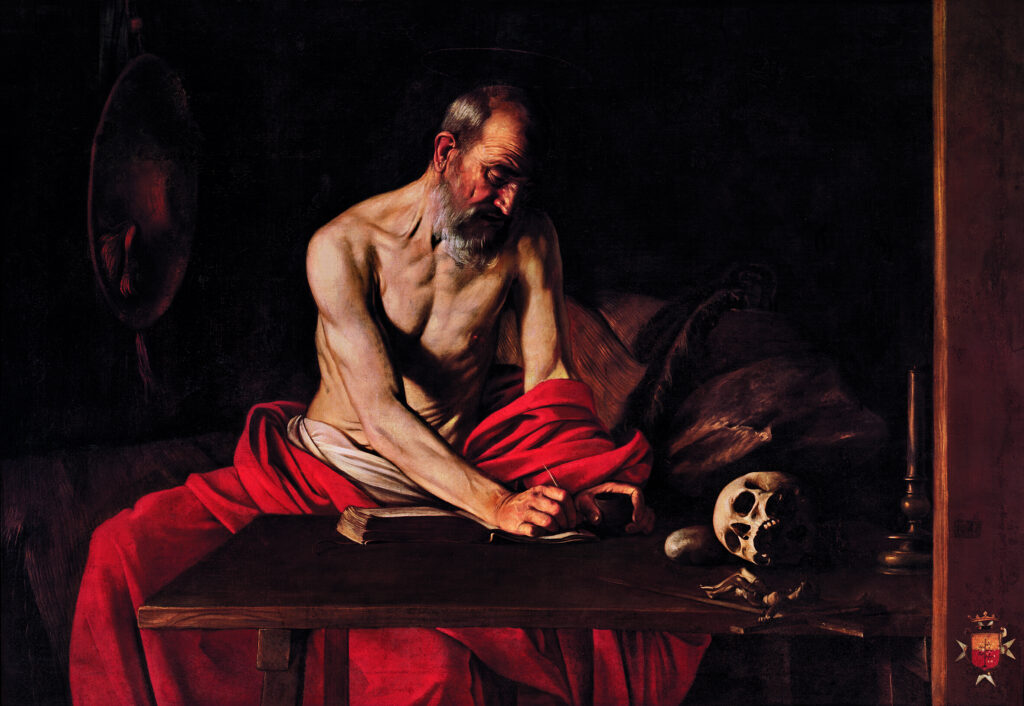 Painting of Saint Jerome writing at a desk with a red cloth and open book, by Caravaggio, 1607, St John’s Co-Cathedral, Valletta, Malta.