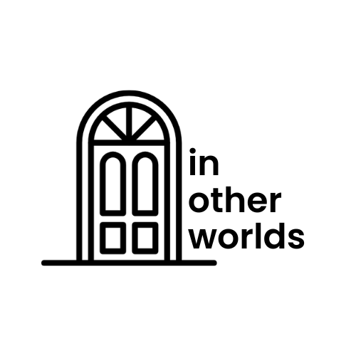 Minimalist black and white line drawing in Japanese ink style of an arched door with panels, symbol of In Other Worlds, clean outlines with no shading and plenty of white space.