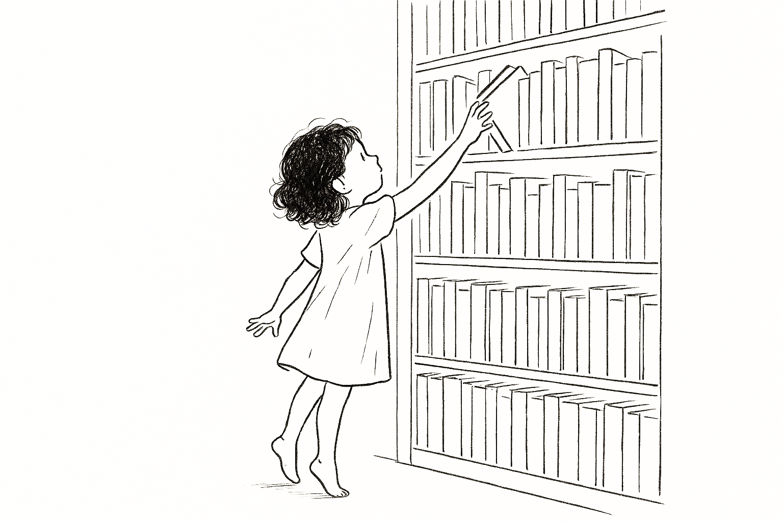 Minimalist black and white line drawing of a little girl with curly hair standing on tiptoes in front of a tall bookshelf, reaching for a book that is half pulled from the shelf.