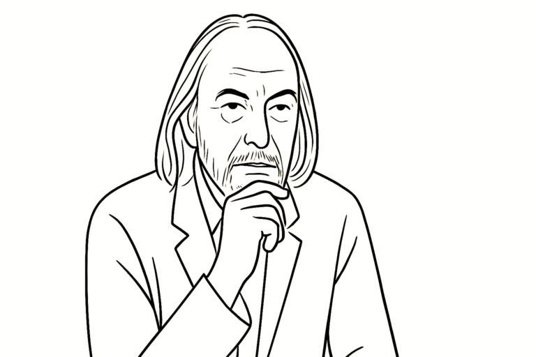 AI-generated black-and-white line illustration of László Krasznahorkai, created in the minimalist Japanese-inspired style of In Other Worlds.