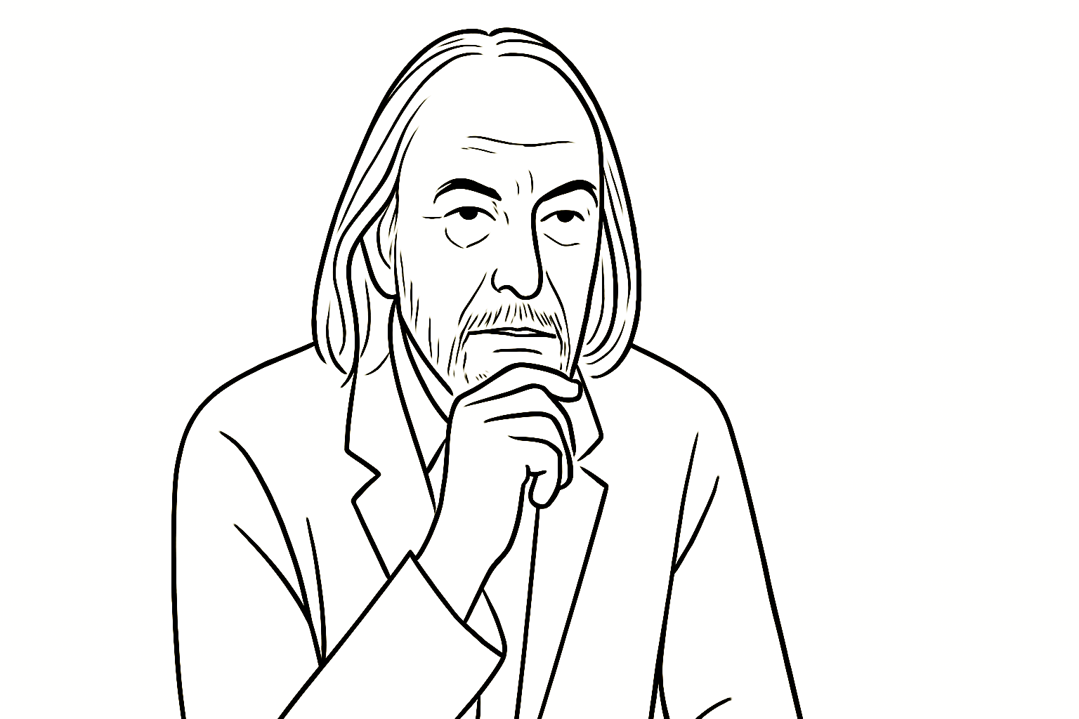AI-generated black-and-white line illustration of László Krasznahorkai, created in the minimalist Japanese-inspired style of In Other Worlds.