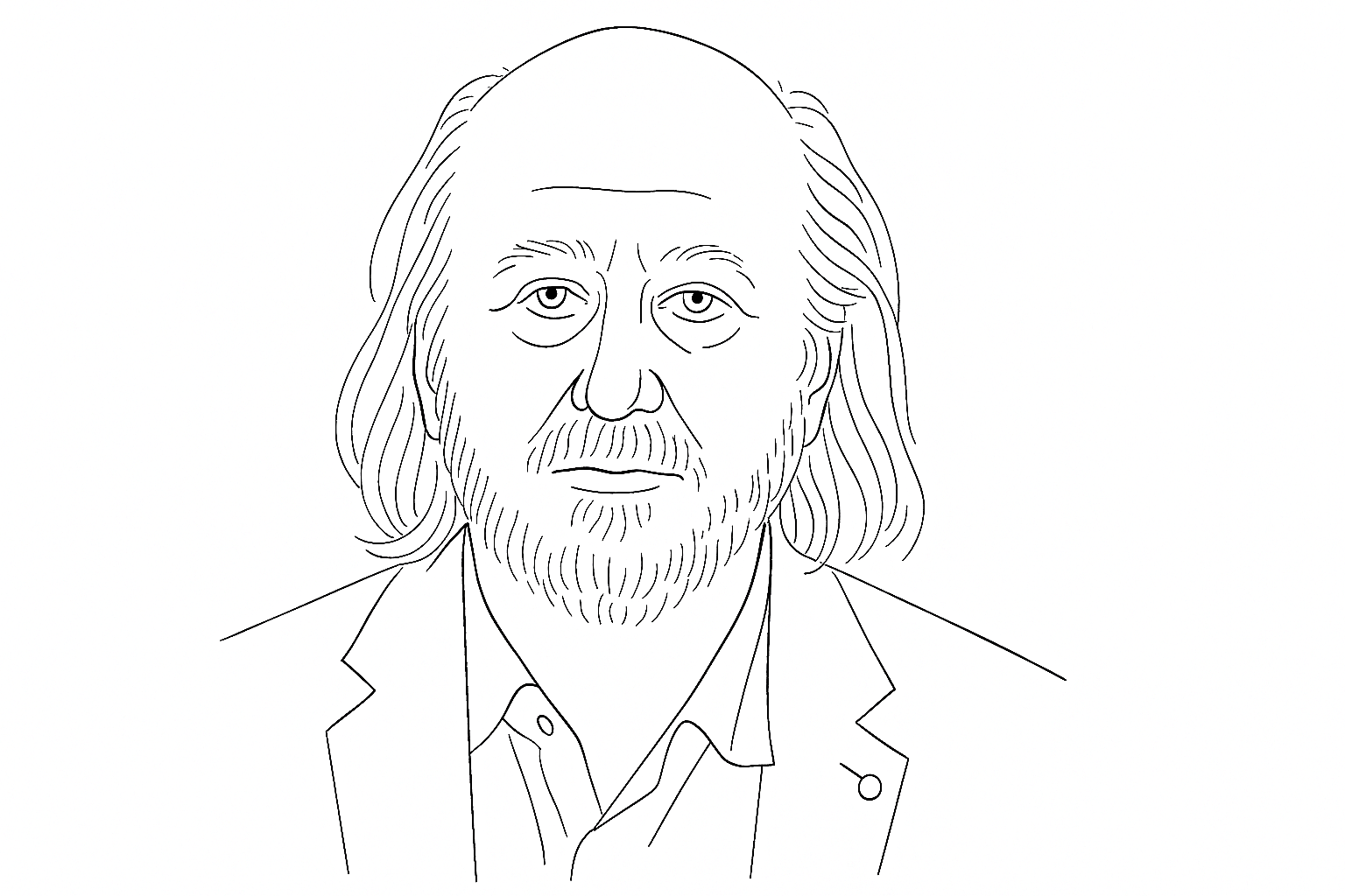 Minimalist black-and-white line illustration of László Krasznahorkai, created for In Other Worlds.