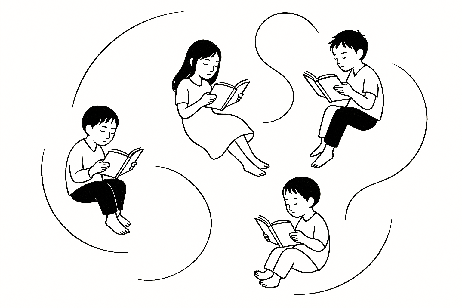 Minimal black-and-white line illustration of four imaginary children reading books, drawn in the In Other Worlds style — elegant, Japanese-ink inspired artwork representing translated children’s books.
