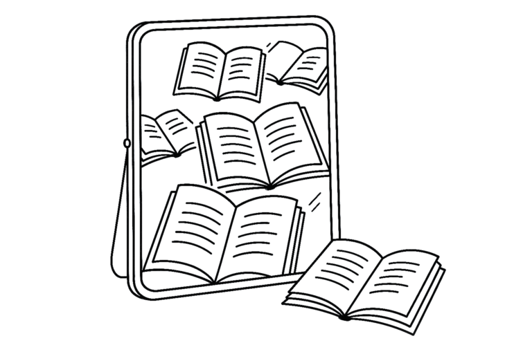 Minimal black-and-white line illustration showing several open books reflected in a standing mirror, symbolising different translations of a literary work. Created in In Other Worlds’ signature minimalist Japanese-ink style for the article “How to Choose Between Translations of a Classic”.