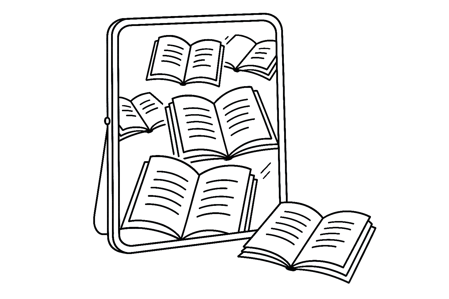 Minimal black-and-white line illustration showing several open books reflected in a standing mirror, symbolising different translations of a literary work. Created in In Other Worlds’ signature minimalist Japanese-ink style for the article “How to Choose Between Translations of a Classic”.