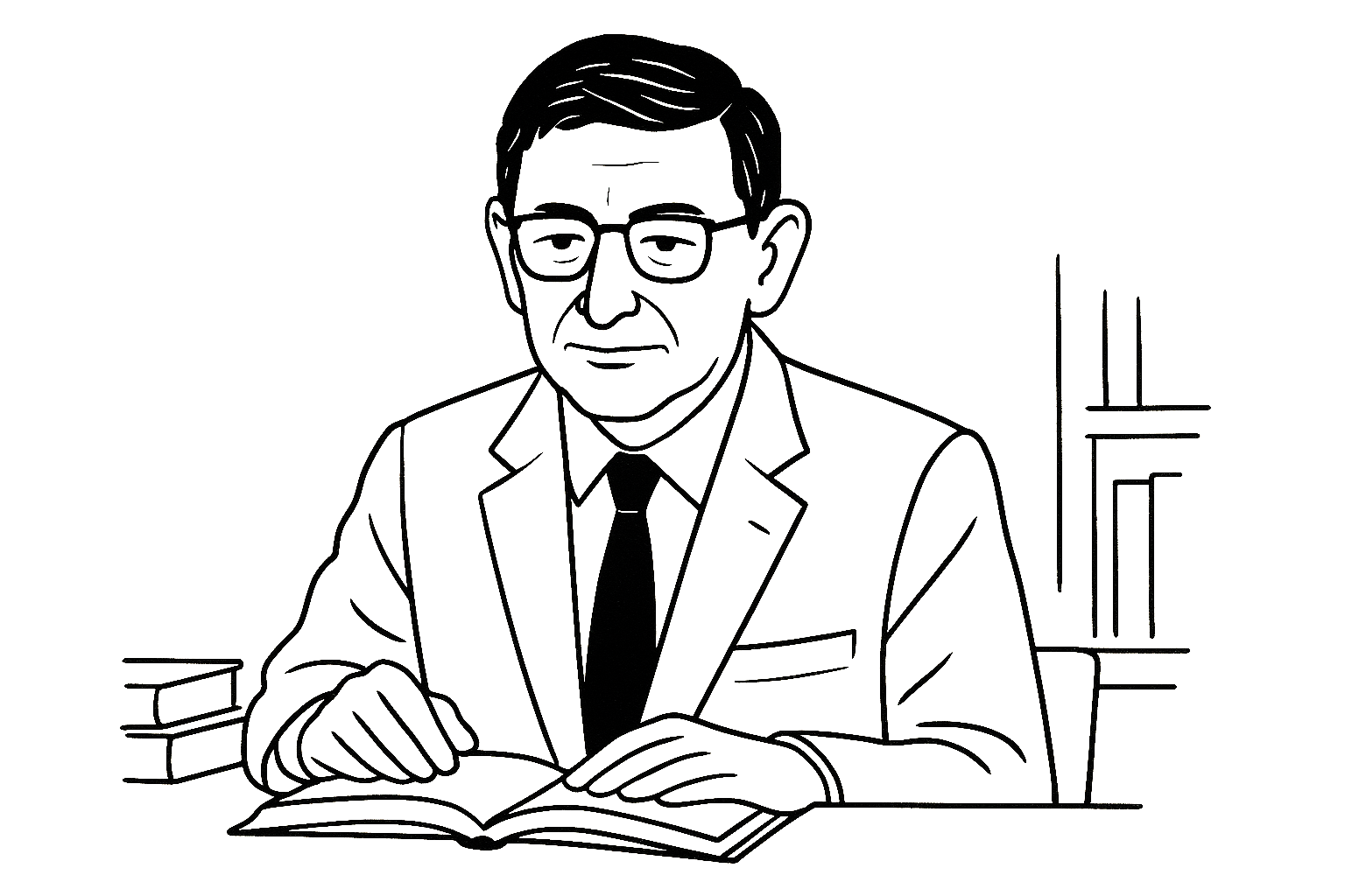 Black-and-white line illustration inspired by translator David Bellos, showing a stylised scholarly figure reading at a desk, drawn in a minimal editorial style on a white background.