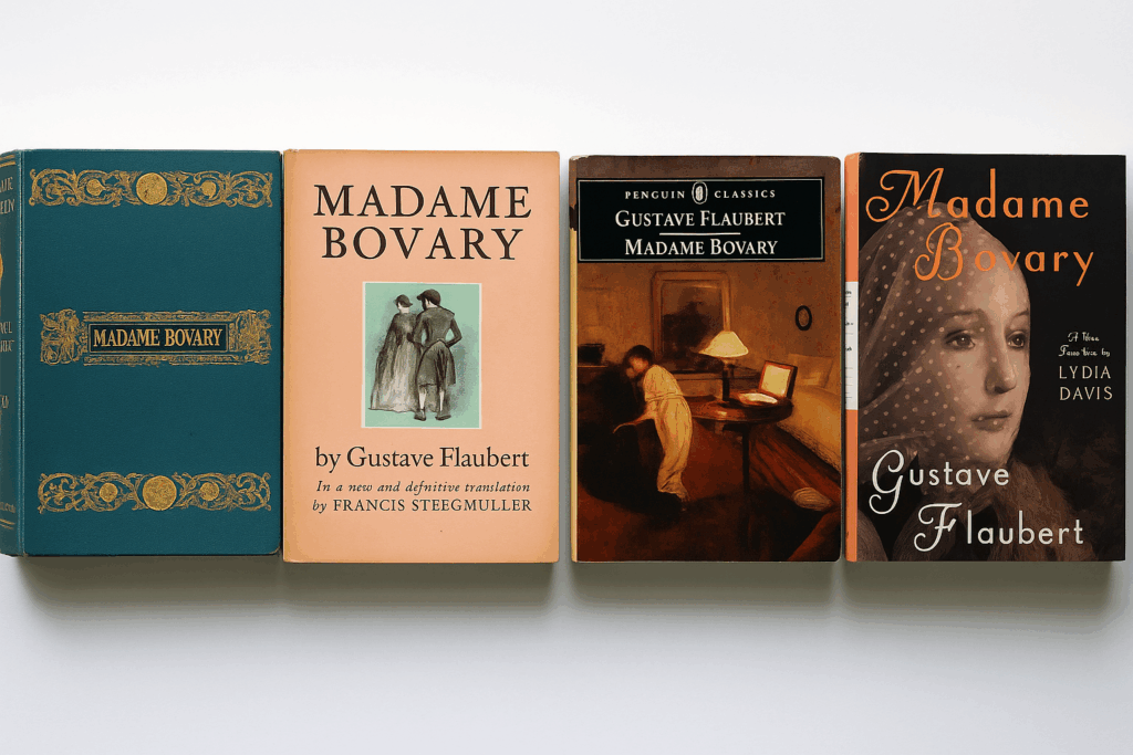 A photograph displaying four English translations of Madame Bovary by Gustave Flaubert arranged chronologically: the 1886 Vizetelly & Co. edition translated by Eleanor Marx-Aveling with a blue and gold decorative cover; the 1957 Random House edition translated by Francis Steegmuller in a grey dust jacket; the 1992 Penguin Classics edition translated by Geoffrey Wall with a painting of a woman in a dimly lit room; and the 2010 Penguin Classics edition translated by Lydia Davis with a modern photographic cover. This image accompanies a guide on how to choose the best translation of a book.