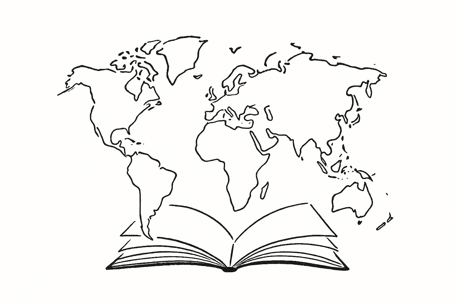 Black and white line illustration of an open book with a world map emerging from its pages, created for In Other Worlds as the feature image for the PEN/Heim Translation Fund Grants 2026 article.