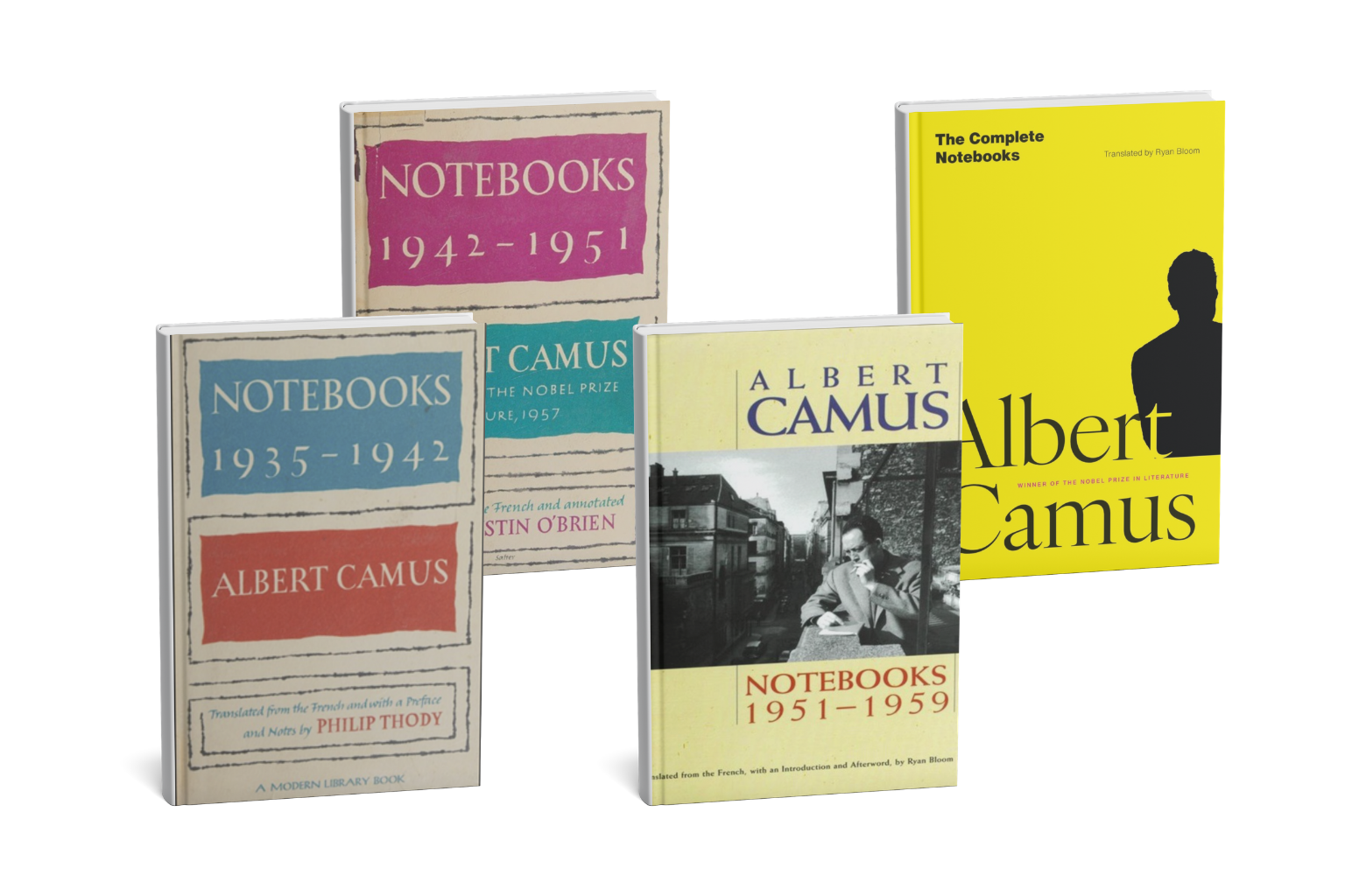 Four English editions of Albert Camus's notebooks displayed side by side: Notebooks 1935–1942 (Philip Thody, 1963), Notebooks 1942–1951 (Justin O'Brien, 1965), Notebooks 1951–1959 (Ryan Bloom, 2008), and The Complete Notebooks (Ryan Bloom, 2025).